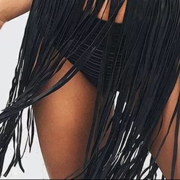 Black Leather Long Fringe Skirt Belt NWT